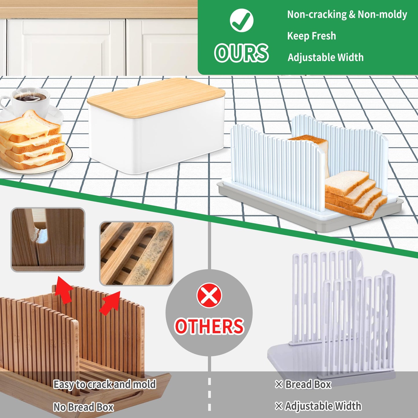 CAWIU Bread Slicer for Homemade with Box, Foldable Bread Cutter with Crumb Tray, Adjustable Width Bread Slicing Guide for Loafs, Sandwiches, Bagels, and Cakes