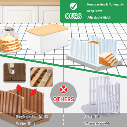 CAWIU Bread Slicer for Homemade with Box, Foldable Bread Cutter with Crumb Tray, Adjustable Width Bread Slicing Guide for Loafs, Sandwiches, Bagels, and Cakes