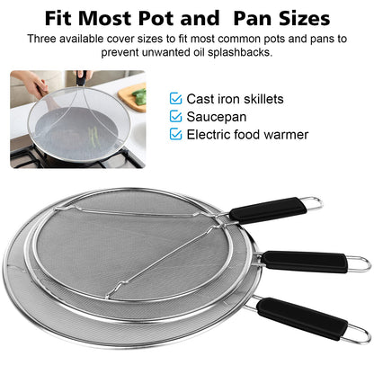 Splatter Screen for Frying Pan - 9.8" 11.4" 13" Stainless Steel Fine Mesh Grease Splatter Guard with Silicone Handle, Hot Oil Splash Guard for Cooking to Prevent Oil Splatter, Safe Cooking