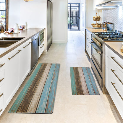 MAYHMYO Kitchen Rugs and Mats Set of 2 Teal Farmhouse Anti Fatigue Mat PVC Non Slip Retro Rustic Wood Texture Kitchen Mats for Floor,17.3 x 29 x 0.4 inch + 17.3 x 47 x 0.4 inch