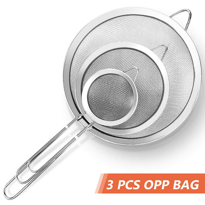 3Pcs Super Wire Extra Fine Mesh Strainer with Handle, Small Medium Large Size Sifter Metal Strainer Set, Stainless Steel Sieve Fine Mesh Strainers for Kitchen Rice Juice Quinoa Food Flour Baking YLYL