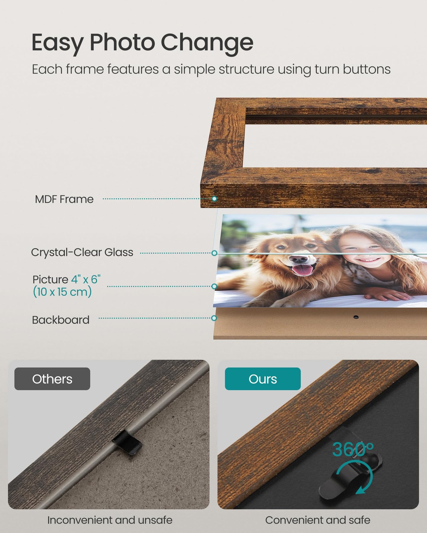 SONGMICS Collage Picture Frames, 4x6 for Wall Decor, Multi Family Photo for Gallery Decor, Hanging Display, Set of 4, Ink Black and Rustic Brown URPF025K01