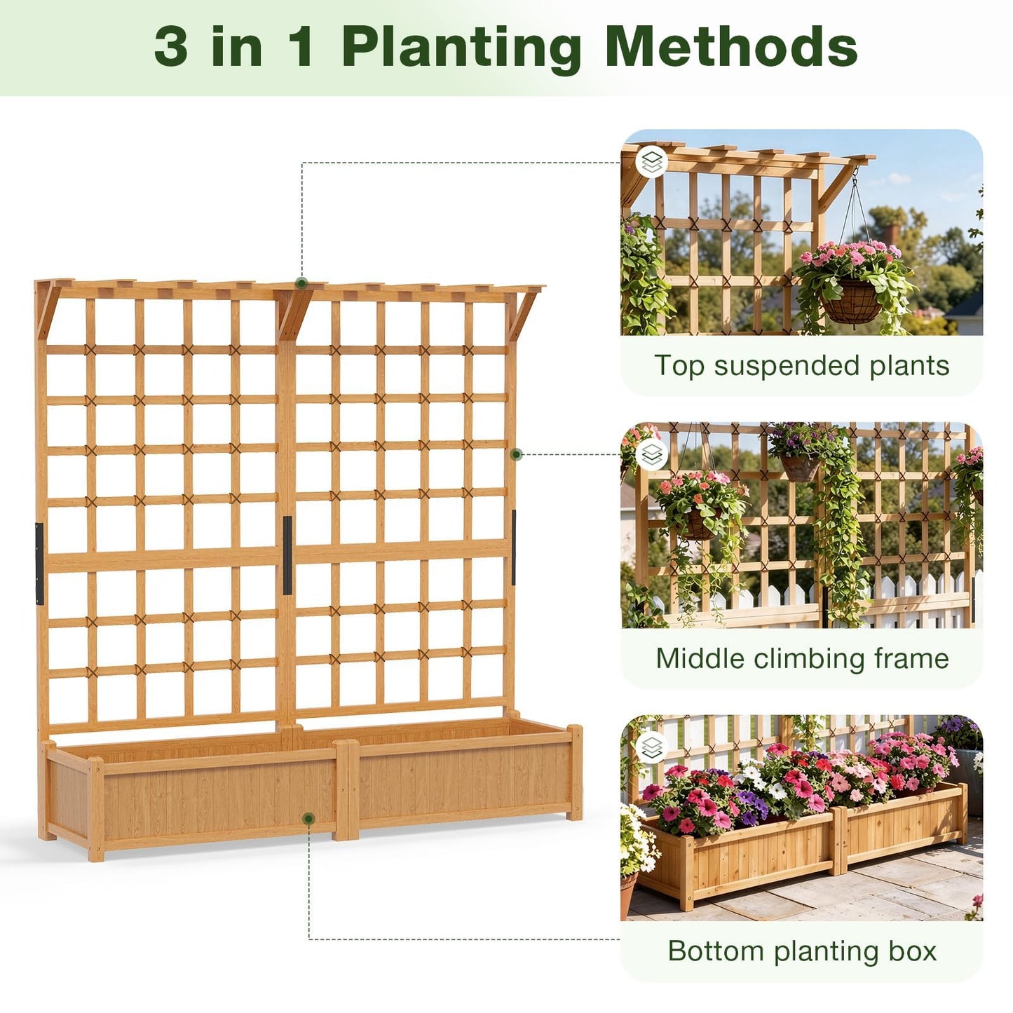 Aoxun 108" Raised Garden Bed with Trellis, Wood Planter Container with Hanging Roof & Garden Boxes for Climbing Plants Flowers Vine (3 piece)