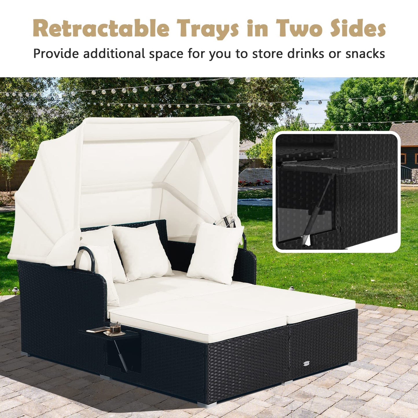 Tangkula Patio Rattan Daybed with Retractable Canopy, Outdoor Wicker Sunbed Lounger with 2 Foldable Side Tables, Thick Seat & Back Cushions, Double Daybed for Garden, Backyard, Porch (Off White)