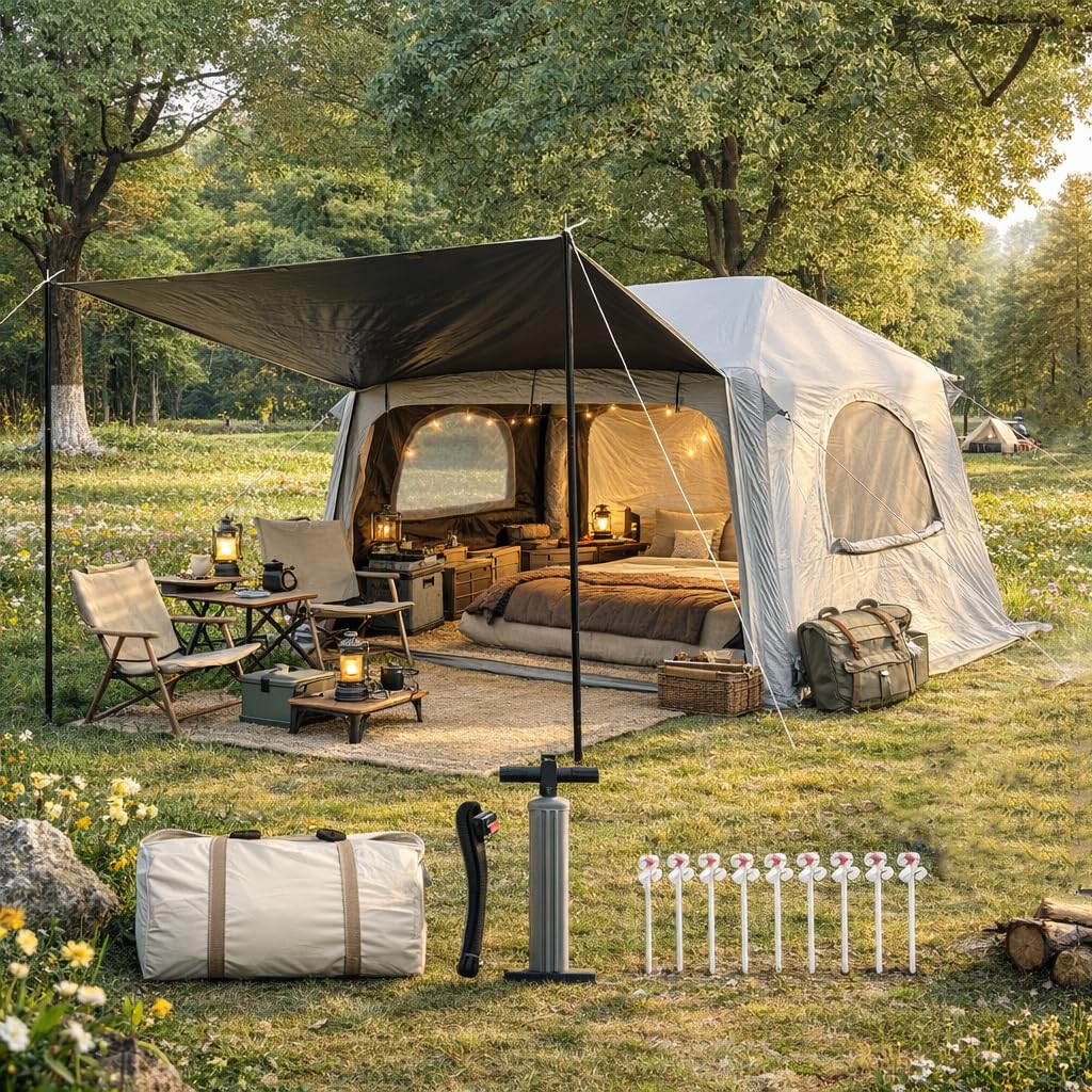 Blackout Inflatable Camping Tent with Awning, Waterproof Oxford Fabric Air Tent, Quick Setup Blow Up Tent with Hand Pump, 4 Person 4-Season Tent with 3x3M Ground Tarp for Camping Glamping