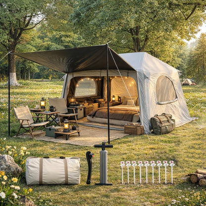 Blackout Inflatable Camping Tent with Awning, Waterproof Oxford Fabric Air Tent, Quick Setup Blow Up Tent with Hand Pump, 4 Person 4-Season Tent with 3x3M Ground Tarp for Camping Glamping