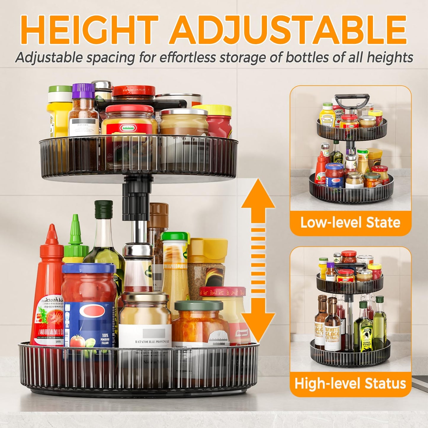 2-Tier Lazy Susan 360° Rotating Turntable Organizer Rack with Handles Height Adjustable, Spice Rack Holder Organizer for Cabinet, Pantry Organizers Bathroom Countertop Storage (Dark Gray)