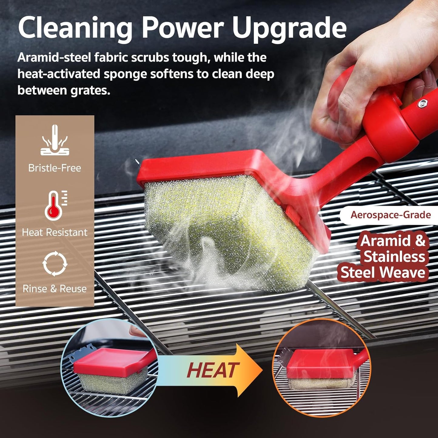 GASPRO Steam Grill Brush Bristle Free for Outdoor Grill, BBQ Grill Cleaning Brush with Replaceable Scrub Sponge Head