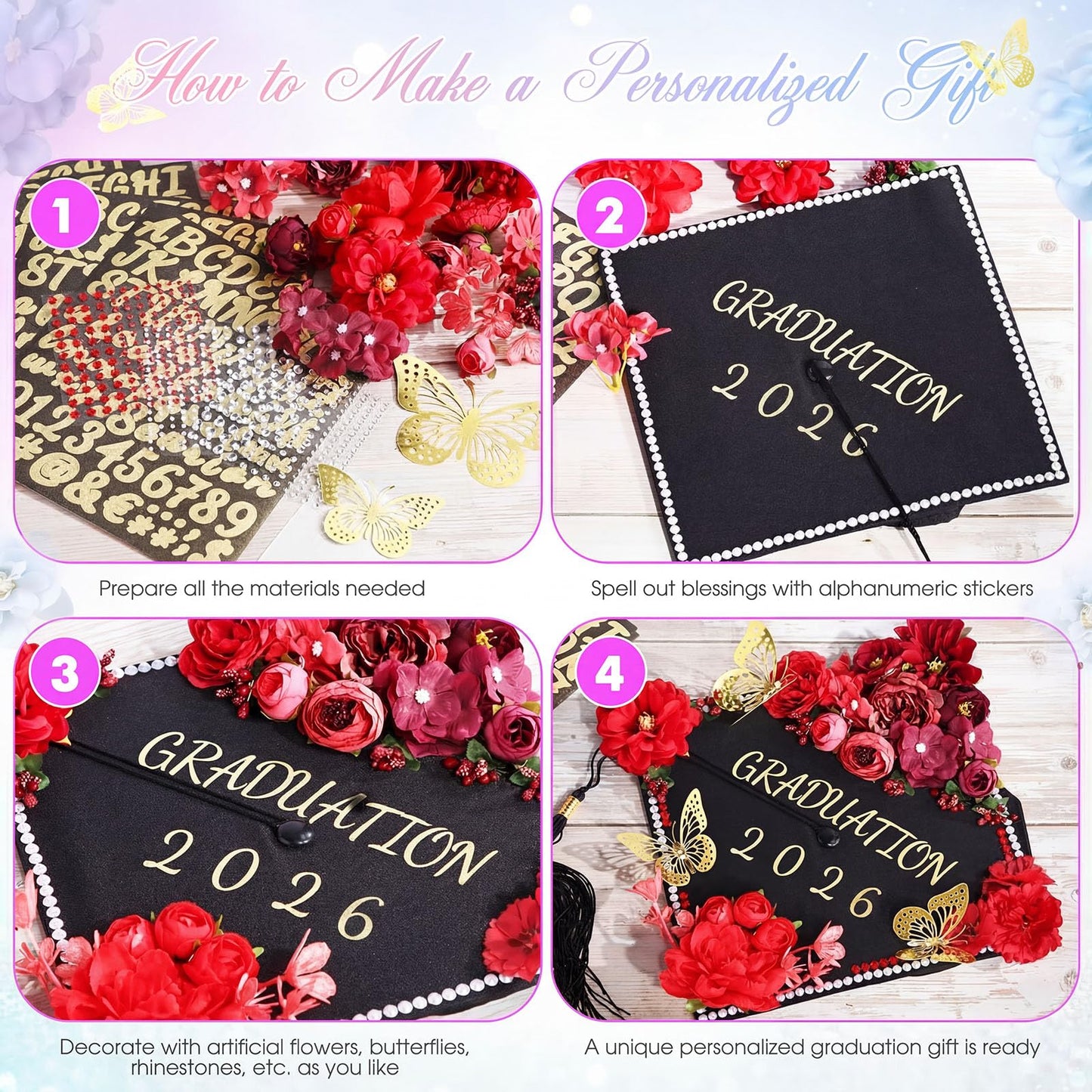 Hoteam DIY Graduation Cap Decorations Kit Included Faux Flowers 3D Butterfly Self Adhesive Rhinestones Glitter Alphabet Letter Stickers for 2026 Grad Cap Topper Party Gifts Decor(Red)