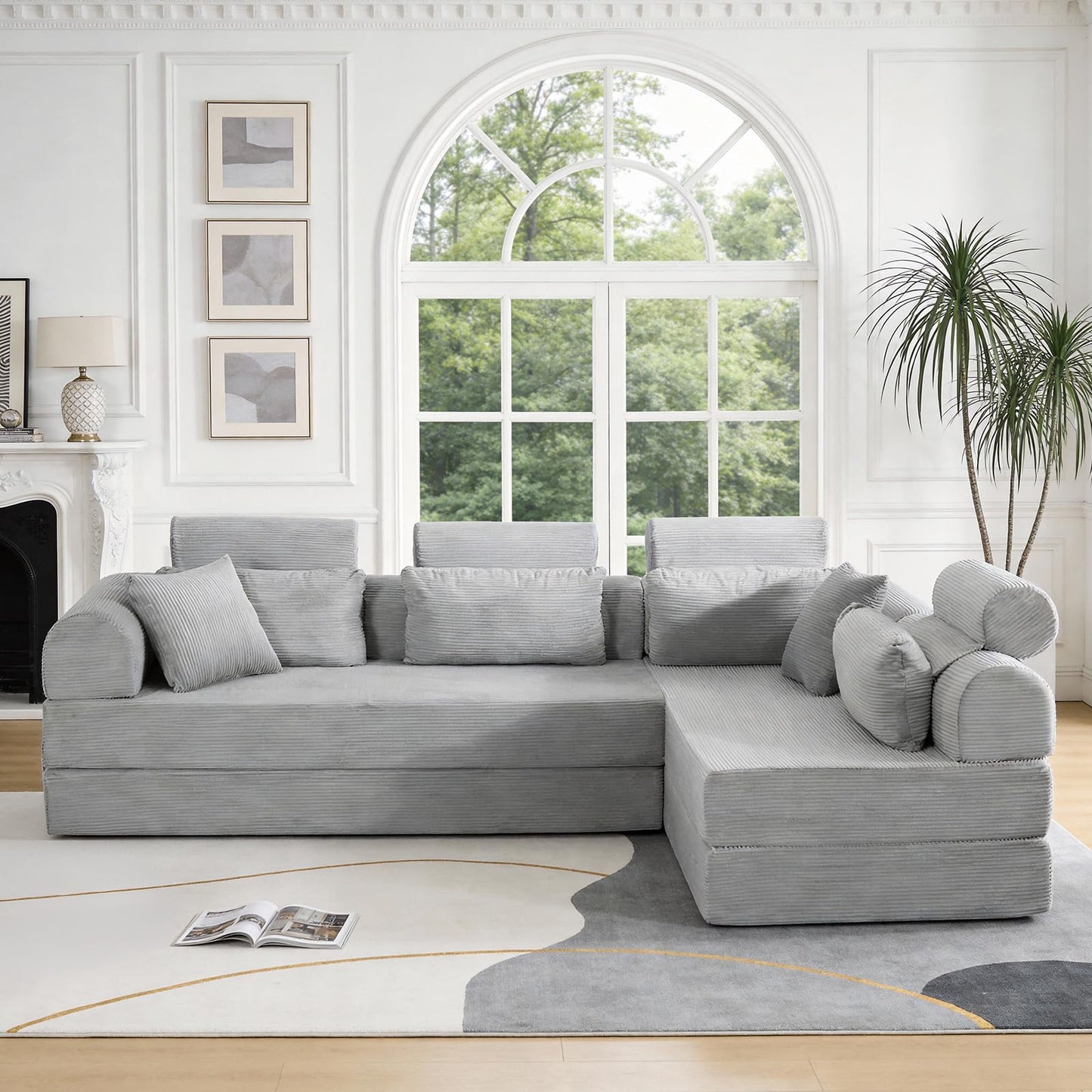 KEIKI 6-in-1 Folding Convertible High Back Sofa Sleeper, 106" Oversized Modular Sectional Corduroy UpholsteredL Shape Couches for Living Room, High-Density Foam Chaise Lounge Indoor, Light Gray