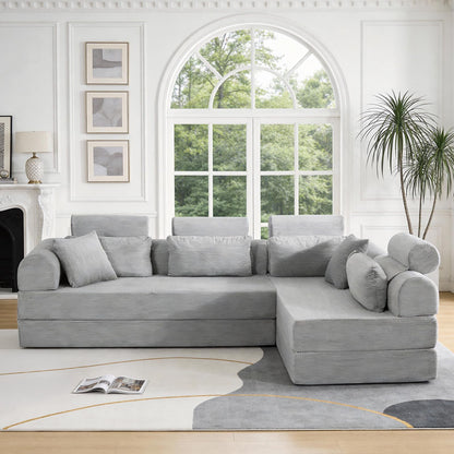 KEIKI 6-in-1 Folding Convertible High Back Sofa Sleeper, 106" Oversized Modular Sectional Corduroy UpholsteredL Shape Couches for Living Room, High-Density Foam Chaise Lounge Indoor, Light Gray