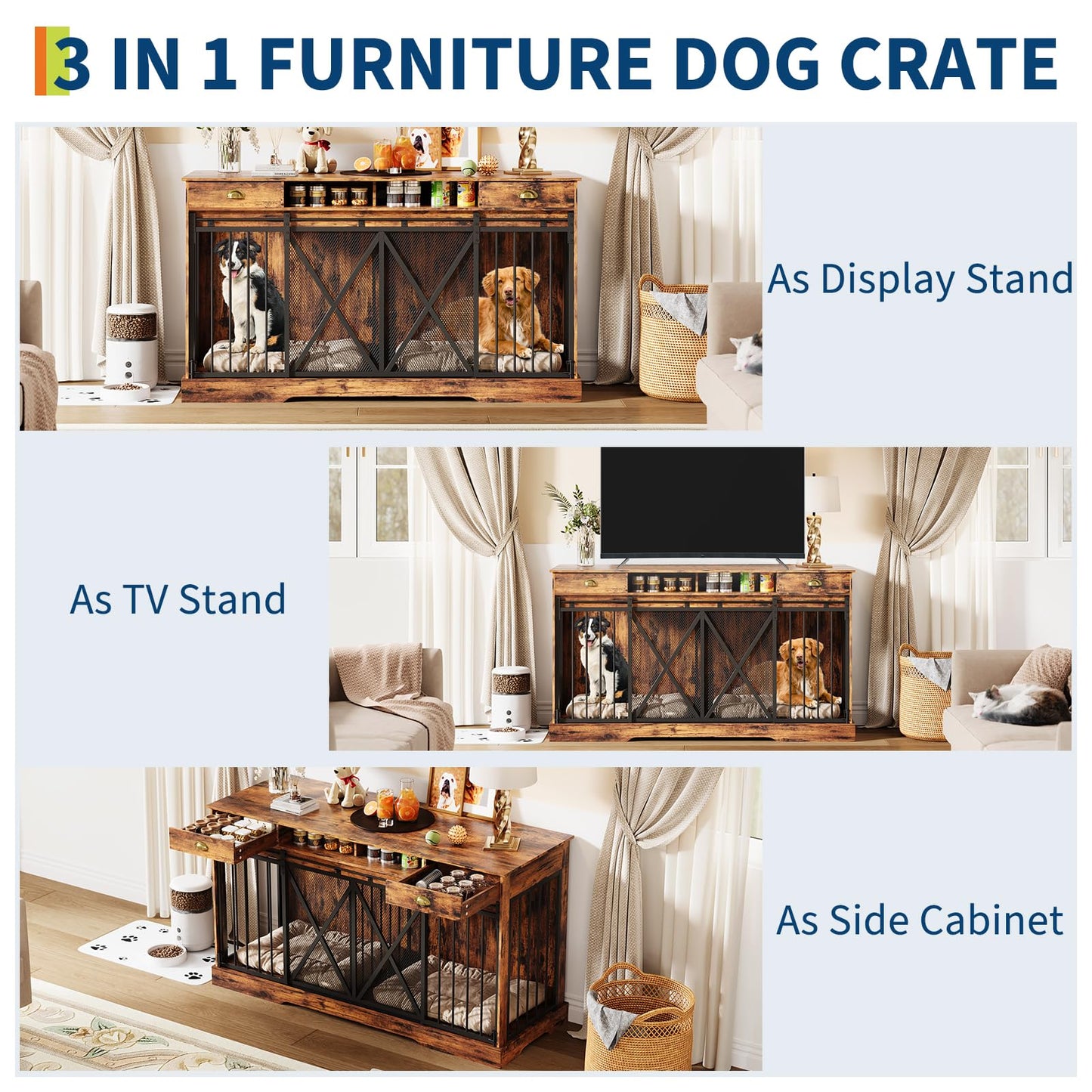Garvee Double Dog Crate with Removable Divider, 63'' Extra Large Dog Cage Furniture with Sliding Doors & 2 Drawers, Multifunctional Indoor Pet House TV Stand for 2 Pets