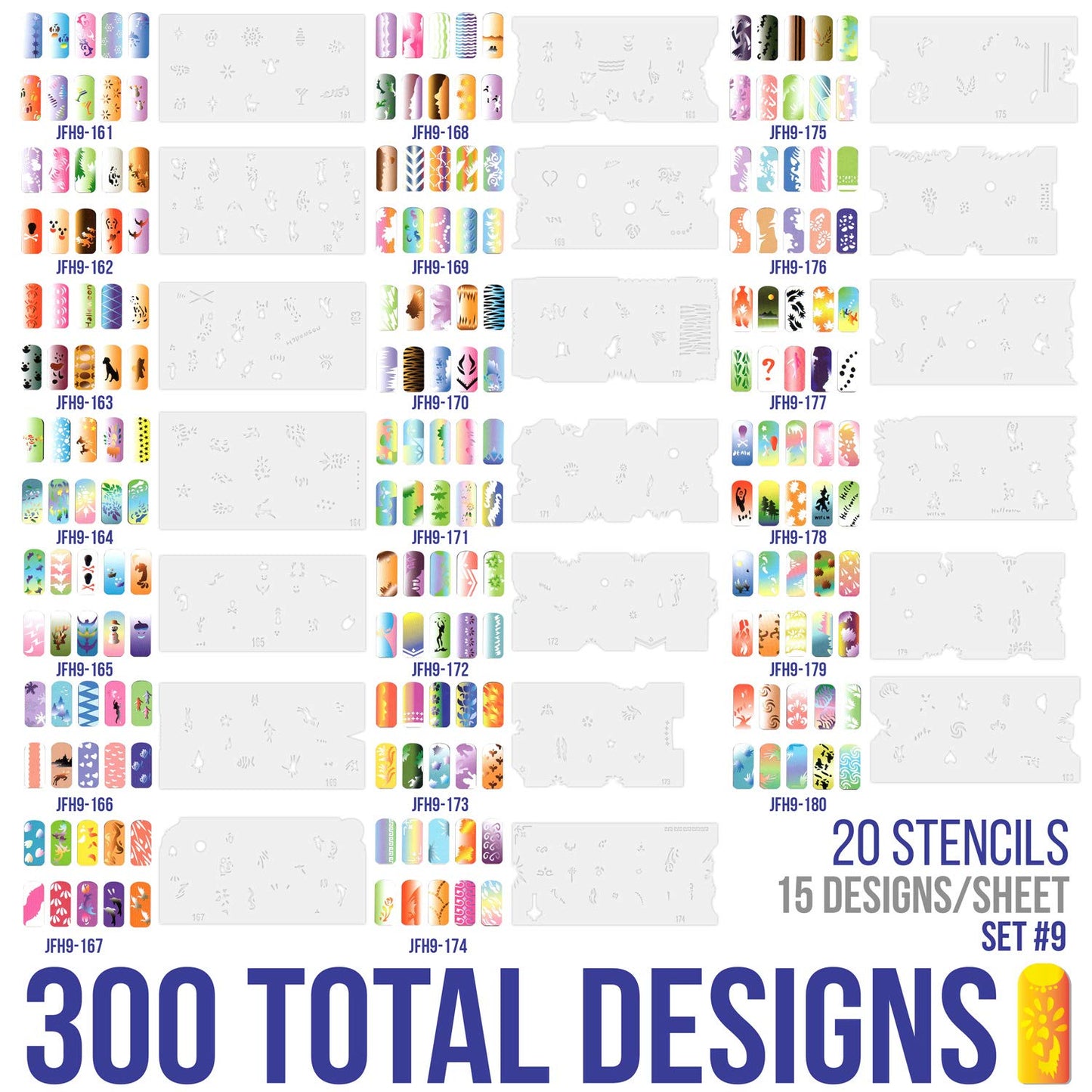 Custom Body Art Airbrush Nail Stencils - Nail Art Stencils Set #9: 300 Unique Designs from 20 Individual Templates