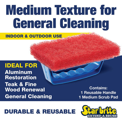 STAR BRITE Medium Red Scrub Pad with Interchangeable Handle - Versatile Cleaning for Most Tasks Including Aluminum Restoration, Teak & Fine Wood Cleaning (Red) Medium (040130)