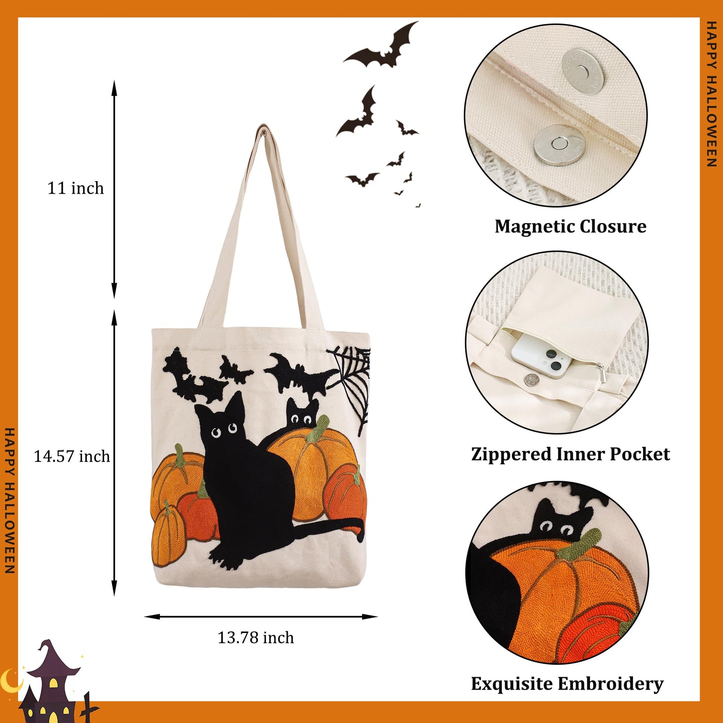Perseverance Trade Trick or Treat Bag Halloween Candy Tote Bag 13"x13.78" with Embroidered Pumpkins and Black Cats Cute Reusable Canvas Bag for Halloween Party Gift Grocery Shopping
