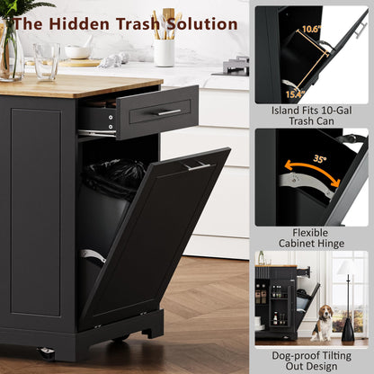 Ball & Cast Fluted Kitchen Island with Trash Can Storage Cabinet,Power Outlet,Internal Storage Rack,Rolling Kitchen Islands On 5 Wheels W/3 Drawers & 3 Open Side Racks for 10 Gallon Garbage Bin,Black