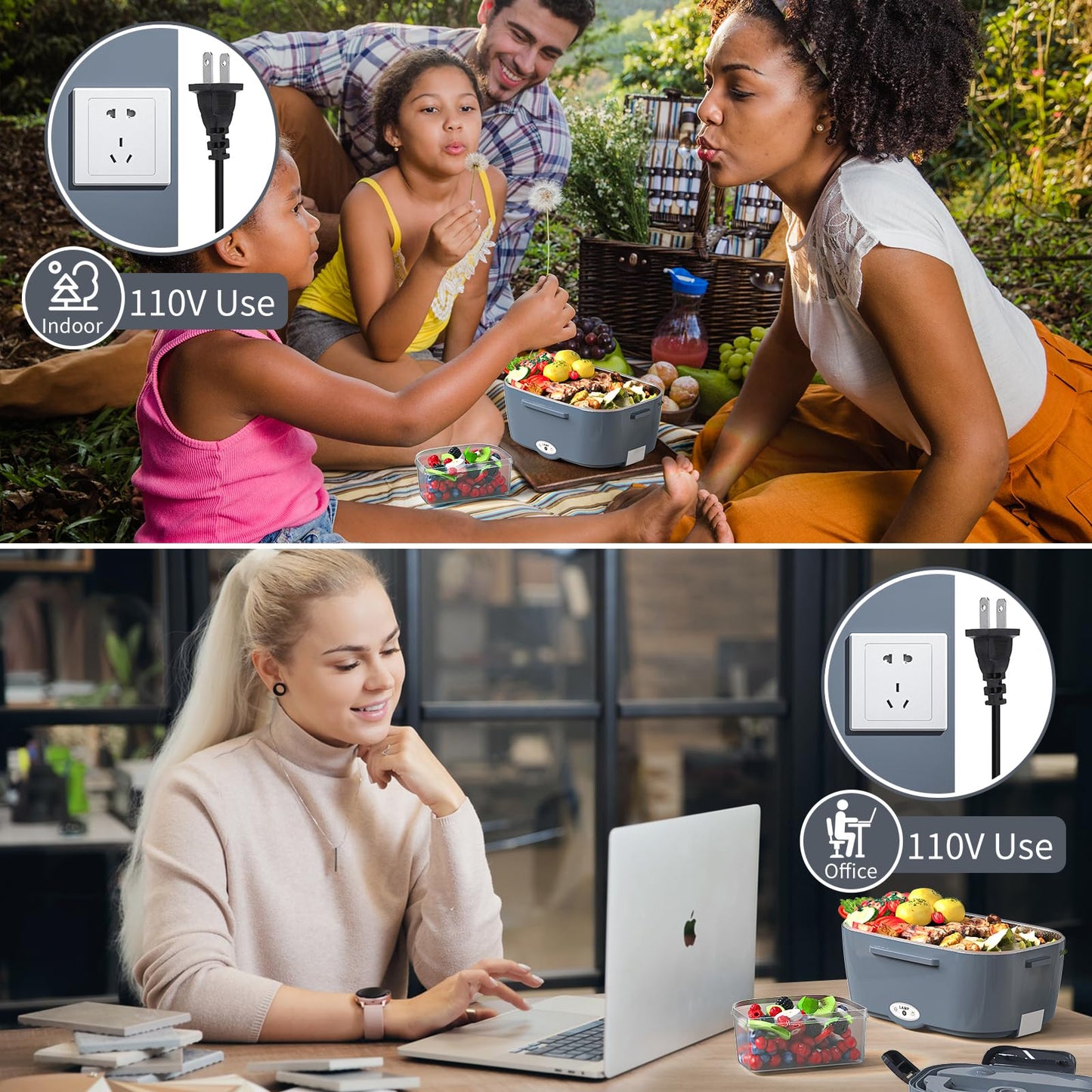 Vingud Electric Lunch Box for Adults, Heated Lunch Box Food Warmer, 80W 1.5L Portable Heating Lunchbox for Men/Work/Car/Truck, 12V 24V 110V Lonchera Eléctrica Portátil Christmas White Elephant Gifts