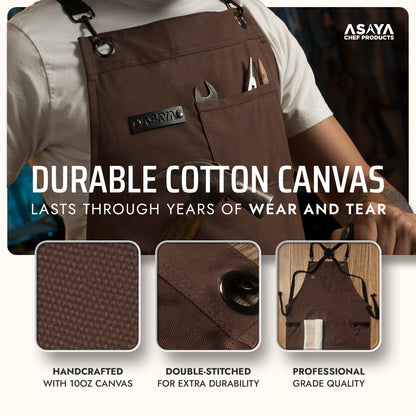 Asaya Chef & BBQ Apron with Pockets - Cross Back Canvas Cooking Apron for Women and Men, Adjustable Work & Grilling Aprons with Pocket, Bottle Opener and Hand Towel, 10oz Cotton Canvas (Brown)