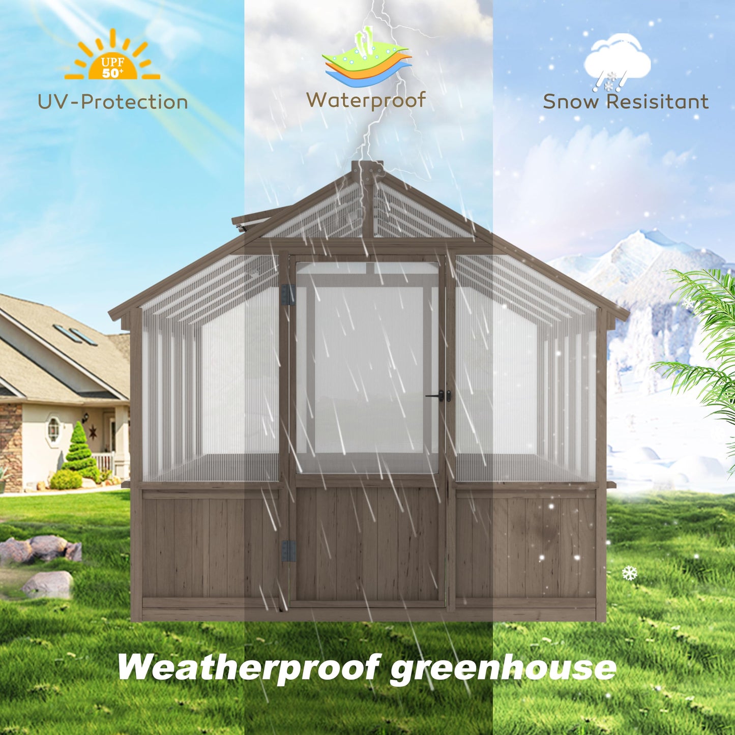 Yardenaler 8x10 FT Greenhouse Kit with 6MM Thick Polycarbonate Panel for Outdoor, Wooden Walk-in Green House with Adjustable Roof Vent and Lockable Door, Backyard, Garden, Light Mocha Brown