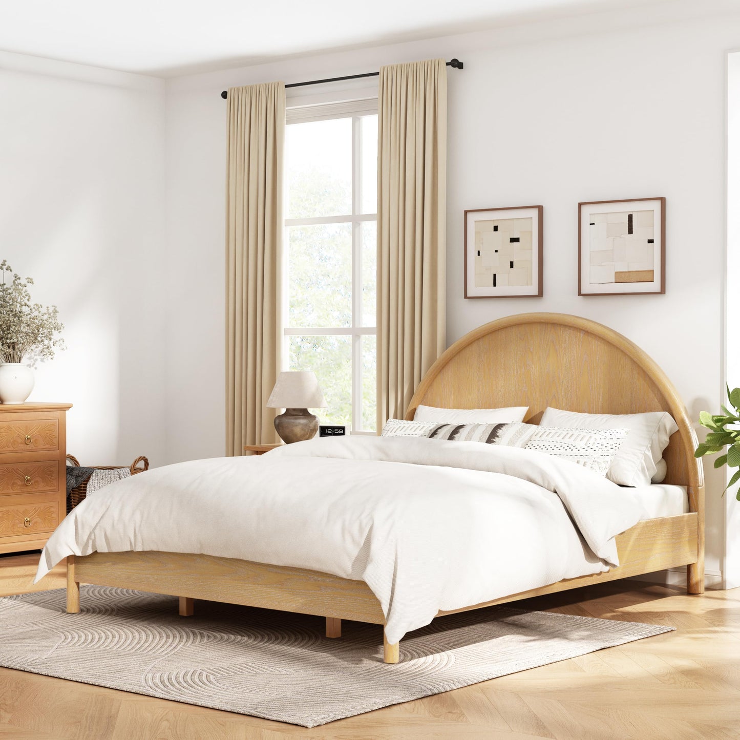 Christopher Knight Home Elsinore Queen Size Bed Frame with Arched Headboard, Modern Wooden Platform Bed, Wood Bed Support and Slats, No Box Spring Needed, Queen Size Beds for Adult, Natural Oak