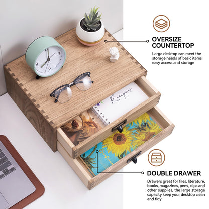 KIRIGEN Wooden Desk Organizer with 2 Drawers, Wood Desktop Storage Cabinet, Shallow Office Drawer Organizer for Printer Paper and Mail, No Assembly, 13.78 W x 10.6 D x 5.9 H In, FAX-DBR