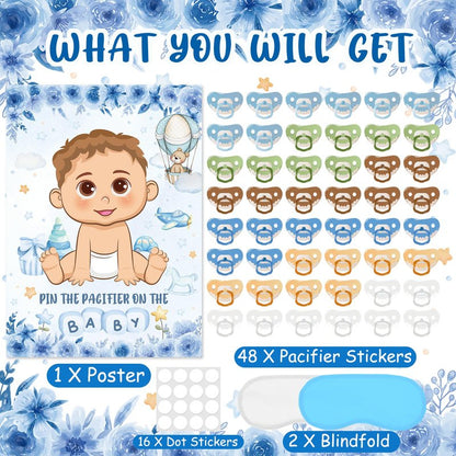 Pin The Pacifier On The Baby Game, Blue Baby Shower Decoration Pin Pacifier on Baby Poster Game with Poster 48 Pacifier Stickers Blindfold Game for Blue Bear Baby Shower Birthday Party Decorations