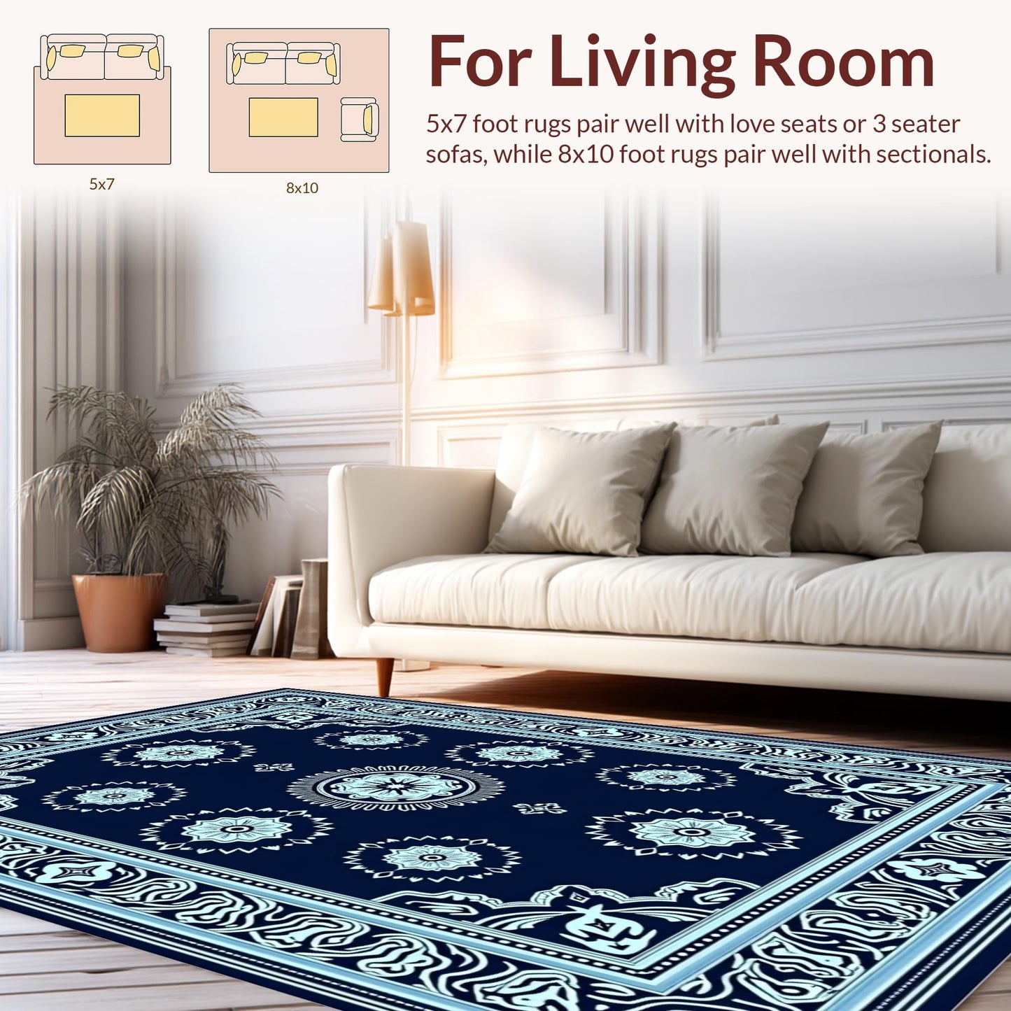 Design&I Low Pile Flatwoven Area Rug 8x10, Premium Zen Relaxation Mat with Eastern Inspired Motifs, Machine Washable, Stain Resistant Indoor Rug for Living Room, Bedroom, Non Slip(Blue, 8x10)