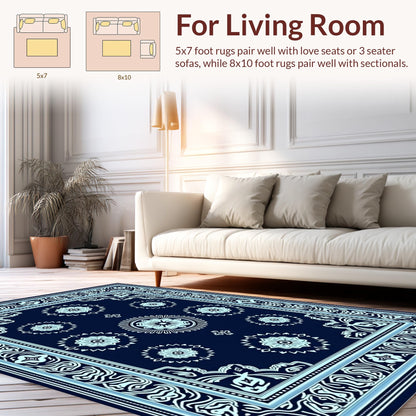 Design&I Low Pile Flatwoven Area Rug 8x10, Premium Zen Relaxation Mat with Eastern Inspired Motifs, Machine Washable, Stain Resistant Indoor Rug for Living Room, Bedroom, Non Slip(Blue, 8x10)