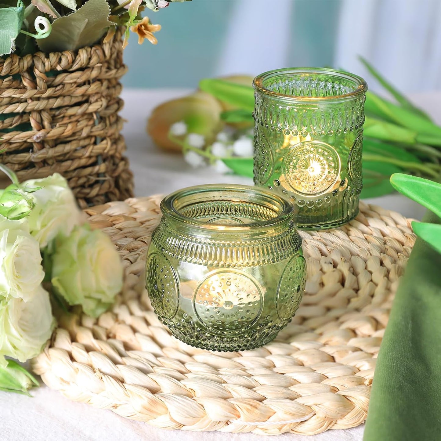 12pcs Assorted Green Votive Candle Holders for Wedding Table Decorations, Glass Tea Lights Candle Holder for Bridal