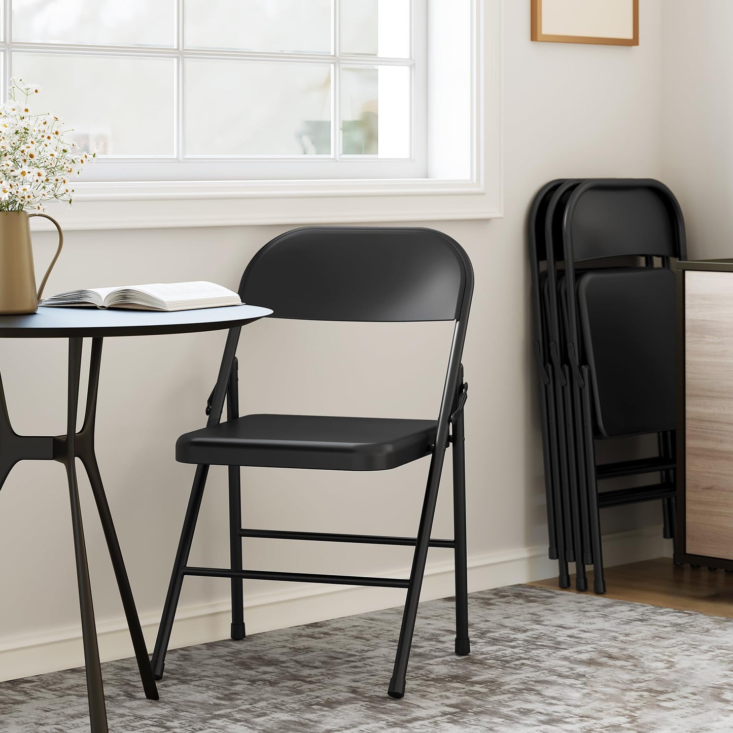 8 Pack All-Steel Folding Chairs Set of 8, Heavy Duty Metal Foldable Dining Chair with Backrest, Hold Up to 350 LBS, Black Portable Fold Chair for Home, Office, Indoor & Outdoor Events