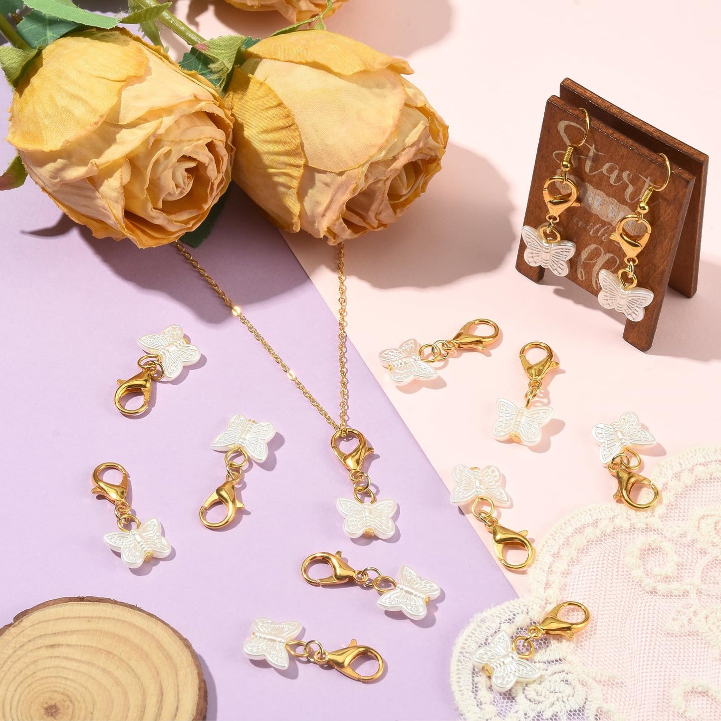 LEGENTLISUR 100PCS Butterfly Charms for Jewelry Making White Clip on Charms Acrylic Pendant with Lobster Clasps for Stitch Markers DIY Earrings Bracelet Crafts