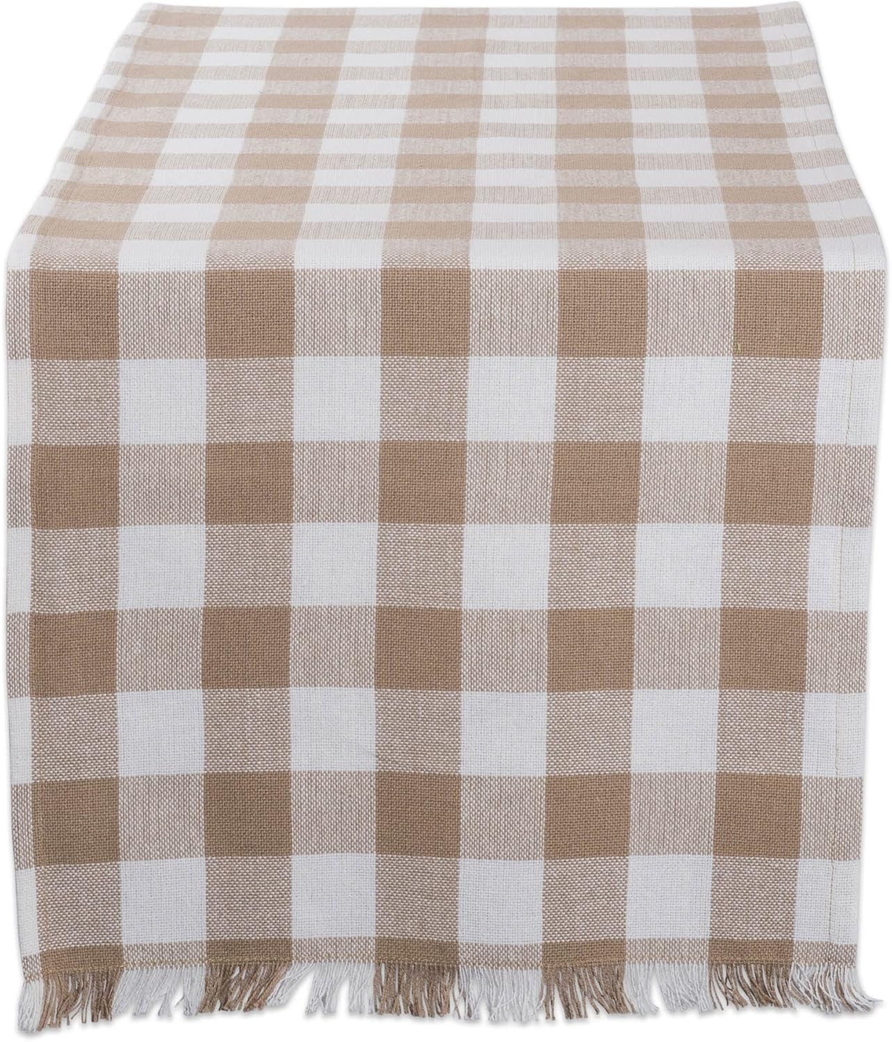 DII - Heavyweight Fringed Check Table Runner, 14x72, Stone Brown