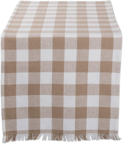 DII - Heavyweight Fringed Check Table Runner, 14x72, Stone Brown