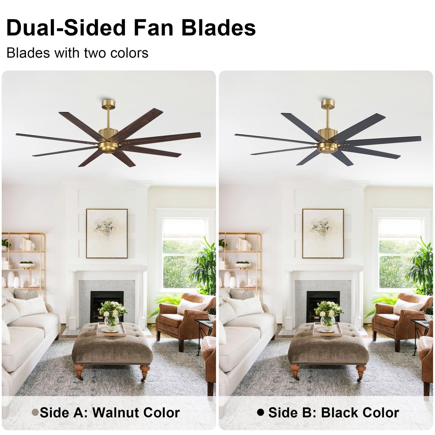 WINGBO 72" Ceiling Fan without Light, Modern Large Ceiling Fan with Remote Control, 6-Speed Reversible Noiseless DC Motor, Gold and Black/Walnut Blades for Living Room, Bedroom & Covered Outdoor