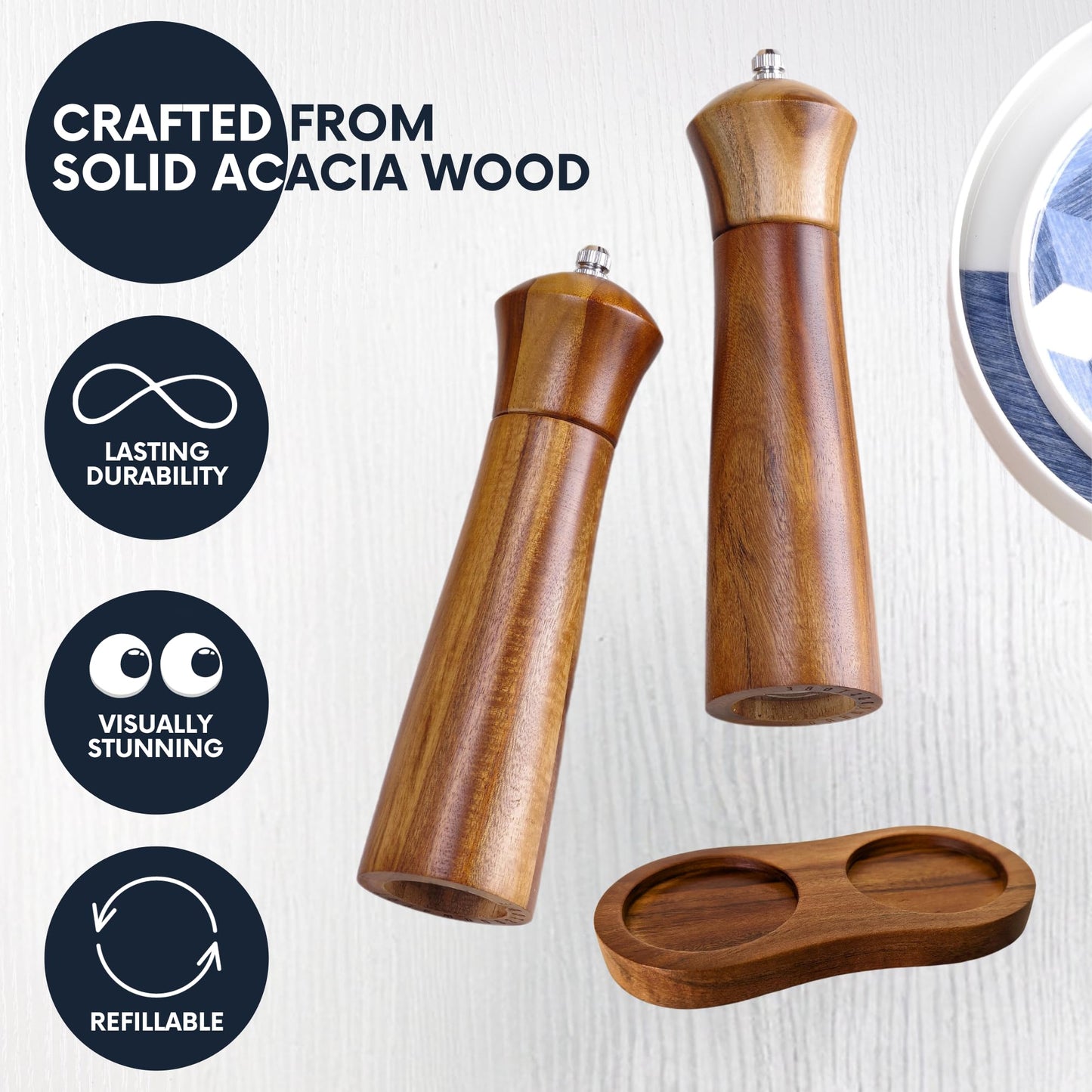 Wooden Salt and Pepper Grinders Set Mill with Tray, Premium Acacia Wood, 100% Plastic Free, Adjustable Coarseness with Stainless Steel and Ceramic Core, Great Gift, 8” Set of 2