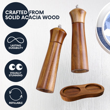 Wooden Salt and Pepper Grinders Set Mill with Tray, Premium Acacia Wood, 100% Plastic Free, Adjustable Coarseness with Stainless Steel and Ceramic Core, Great Gift, 8” Set of 2