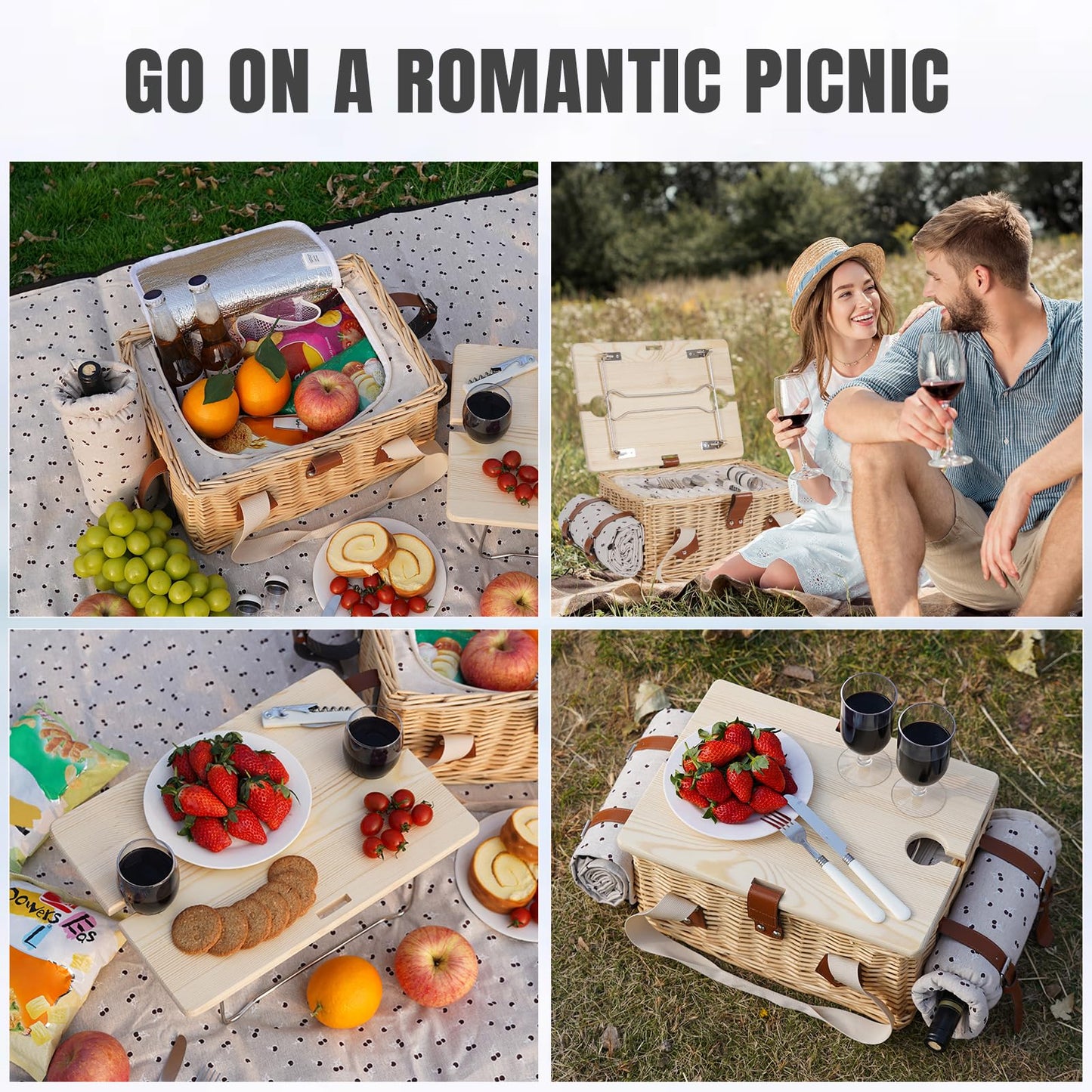 HappyPicnic Picnic Basket for 2, Handmade Wicker Picnic Set with Folding Table and Waterproof Blanket, Large Insulated Picnic Basket with Wine Bag & Cutlery Kit for Picnic, Camping, Holidays (Cherry)