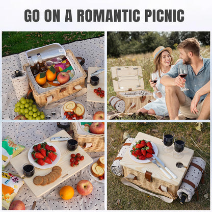 HappyPicnic Picnic Basket for 2, Handmade Wicker Picnic Set with Folding Table and Waterproof Blanket, Large Insulated Picnic Basket with Wine Bag & Cutlery Kit for Picnic, Camping, Holidays (Cherry)
