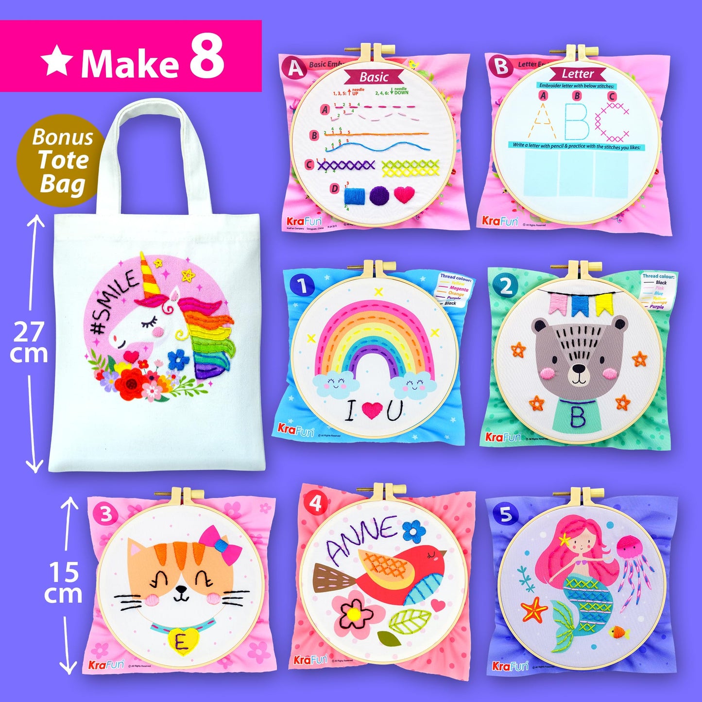 KRAFUN My First Embroidery Kit for Kids & Teens Age 8+, Beginner Hand Stitch Starter Set, 7 Pre-Printed Practice Cloths, DIY Tote Bag, Hoop & Tool Box, Arts & Crafts Gift for Girls