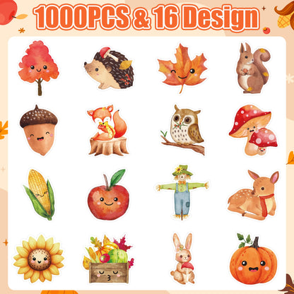 Haooryx Fall Watercolor Sticker Rolls - 1000pcs Fall-Theme Watercolor Pumpkin Maple Leaf Animal Stickers Self-Adhesive Waterproof Vinyl Thanksgiving Harvest Party Favor Page Activity Pad Card Making