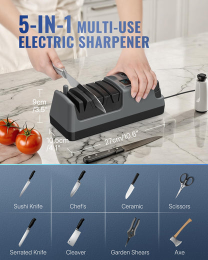 WILAWELS Electric Knife Sharpener, 5-in-1, 3 Rotational Speed Adjustable Electric Knife Sharpener for Straight/Serrated/Ceramic Knives, Scissors, Chef Knives, Axes, Grey H01KS06