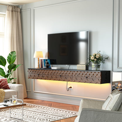 FurniNova 70'' Floating TV Stand Wall Mounted, Fully Assembled Media Console with 2 Drawers and 1 Door, Wall Mounted TV Cabinet,Carved Wood Design,Natural Wood Finish
