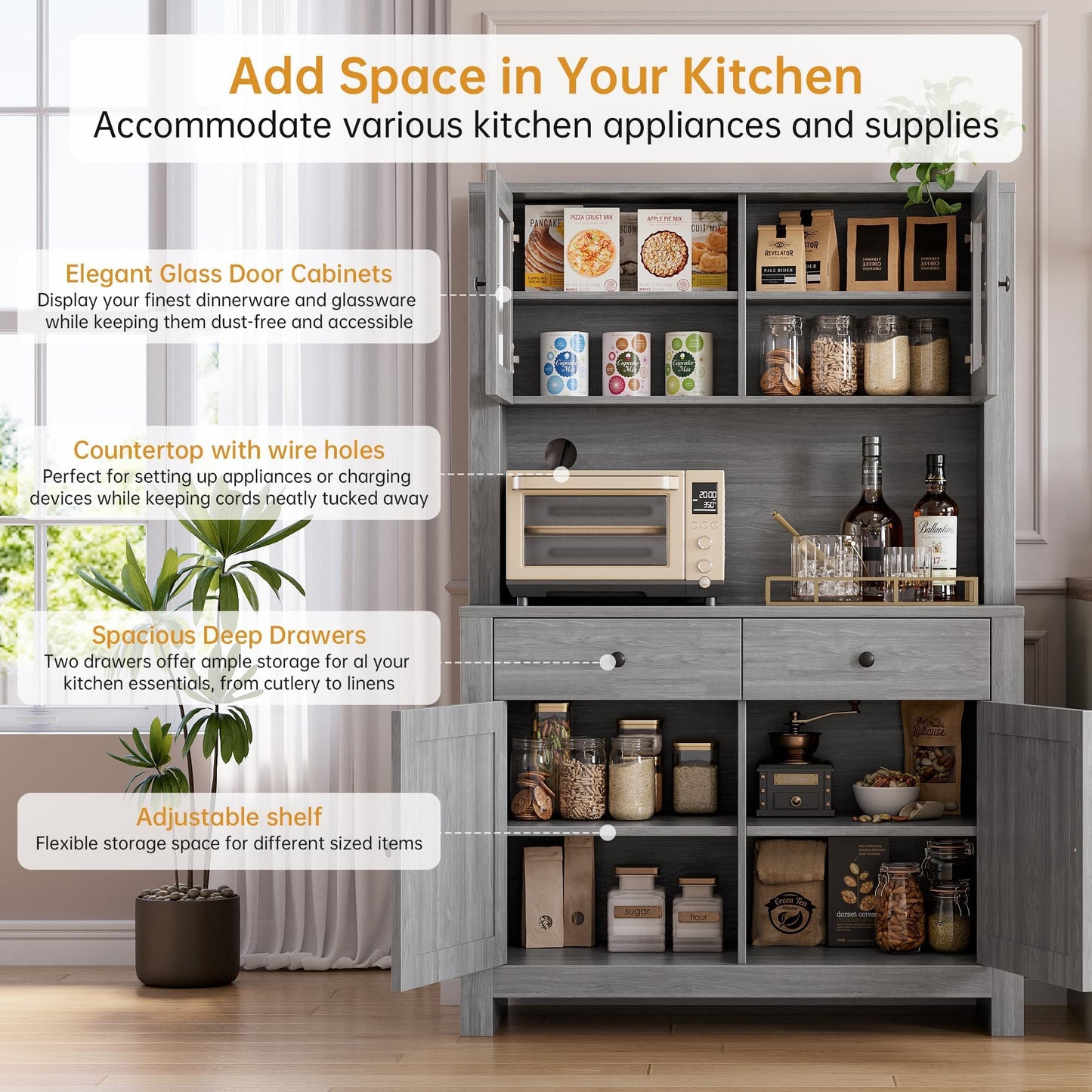 63" Tall Farmhouse Kitchen Pantry Cabinet with Microwave Stand, Freestanding Pantry Hutch Cabinet with Adjustable Shelves, Drawers & Countertop, Buffet Cupboard for Dining & Living Room Storage, Grey