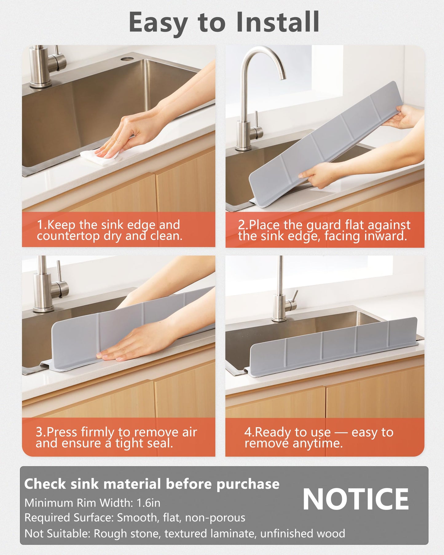 Akrelyan Kitchen Sink Splash Guard 23" 18" Self-Draining Silicone Water Guard with High Splash Wall & Strong Suction Cups for Faucet, Countertop & Sink Edge, Keeps Sinks Dry, Dishwasher Safe, Gray