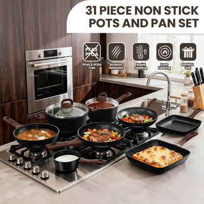 Pots and Pans Set Non Stick, 31 Piece Kitchen Induction Cookware & Bakeware Set, Nonstick Kitchen Cooking Pans Set with Frying Pans Set Grill Pan Saucepan Baking Sheet & Utensils, PFOA Free