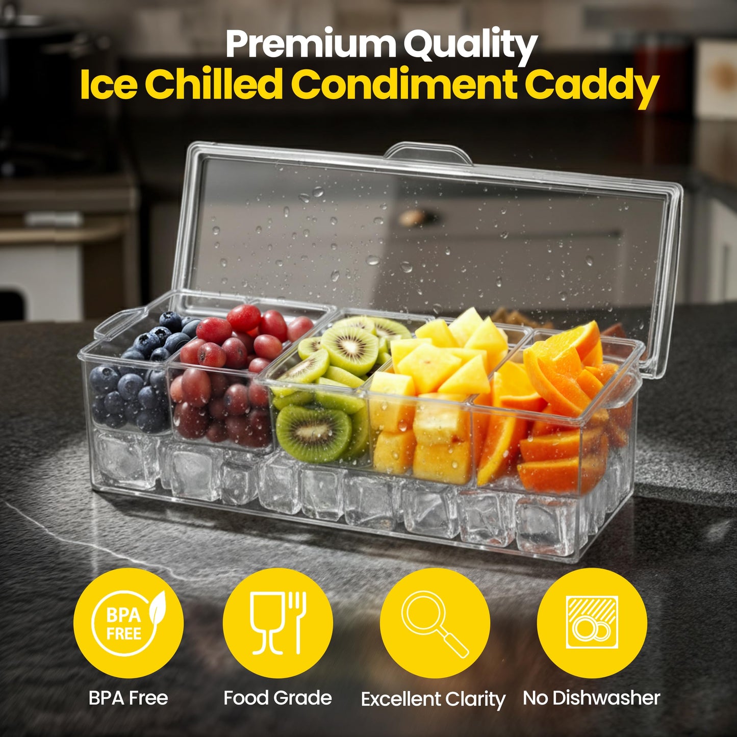 WISHMART Ice Chilled Condiment Caddy with Lid – 5 Removable Compartments, Utensils Included – Buffet Server for BBQ, Taco Bar & Parties