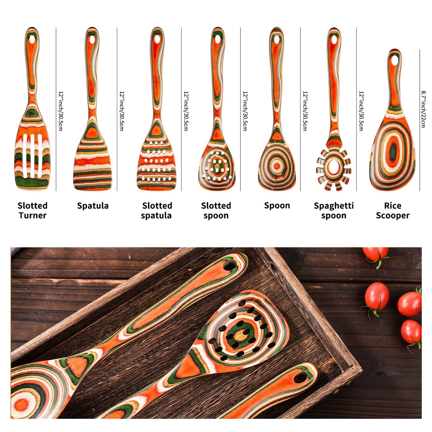 Gudamaye Pakkawood 7-Piece Red Wooden Cooking Utensils, Wooden Spoons for Cooking,Wooden Spoon Set, Wooden Kitchen Utensil set, Pakkawood kitchen Utensils for Serving, Bridal Shower Gifts