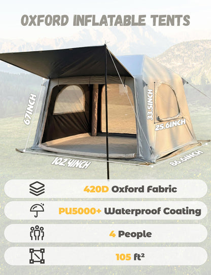 Blackout Inflatable Camping Tent with Awning, Waterproof Oxford Fabric Air Tent, Quick Setup Blow Up Tent with Hand Pump, 4 Person 4-Season Tent with 3x3M Ground Tarp for Camping Glamping