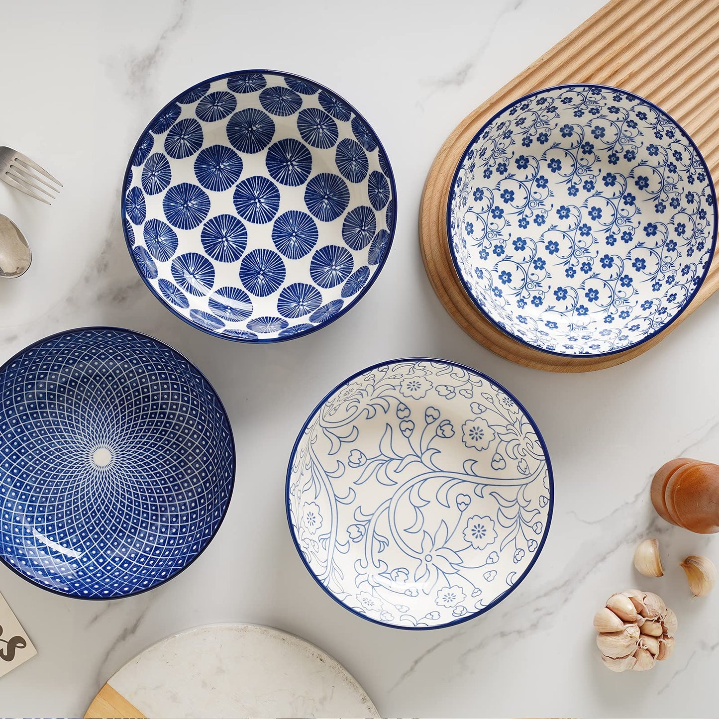 Selamica Ceramic 30 Ounce Pasta Bowls set of 4, 8 inch Serving Bowl Wide and Shallow Microwave Dishwasher Safe, Vintage Blue