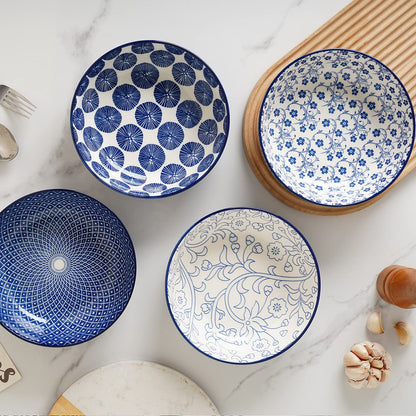 Selamica Ceramic 30 Ounce Pasta Bowls set of 4, 8 inch Serving Bowl Wide and Shallow Microwave Dishwasher Safe, Vintage Blue